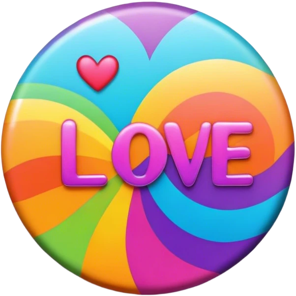 A round psychedelic colored button that says love emoji