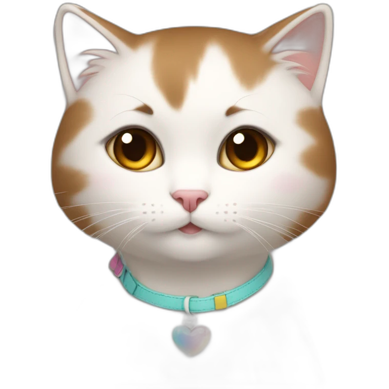 A girl with short brown straight hair and on her left shoulder and neck lies a white fluffy cat with eyes of different colors emoji