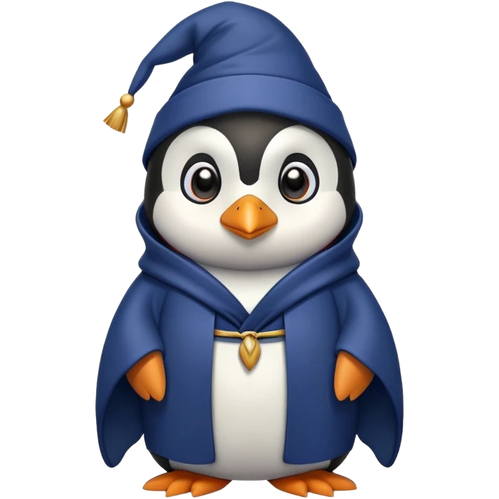 A penguin wizard with a serious expression, wearing a dark blue robe, hands clasped together emoji
