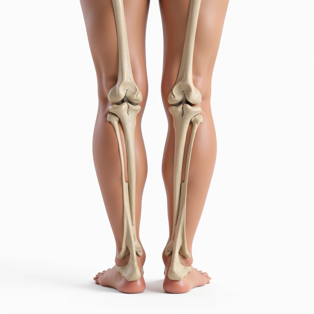 hyperrealistic 4K anatomical illustration of valgus knee viewed frontally, straight legs but knees touching and ankles separated, bones and joint clearly visible, white background, clearly highlighting valgus deviation, variant 1 emoji