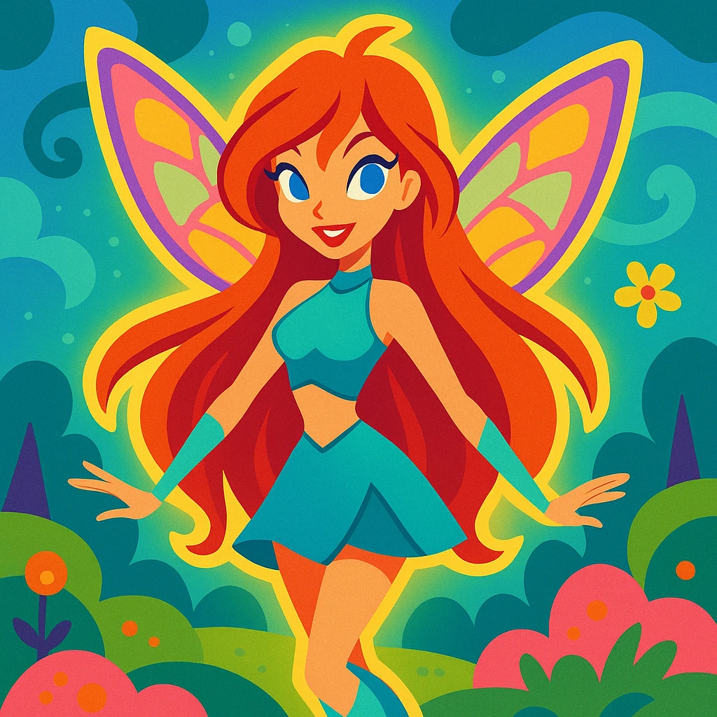 Bloom from Winx Club, fairy outfit, glowing aura, long red hair, whimsical background emoji