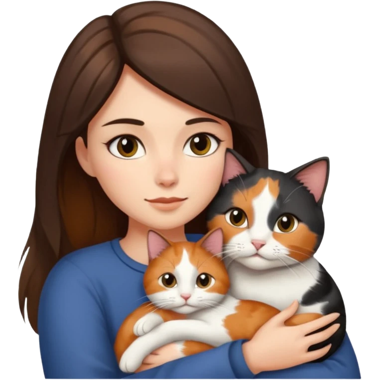 Brunette woman with long hair cuddling short haired calico cat emoji