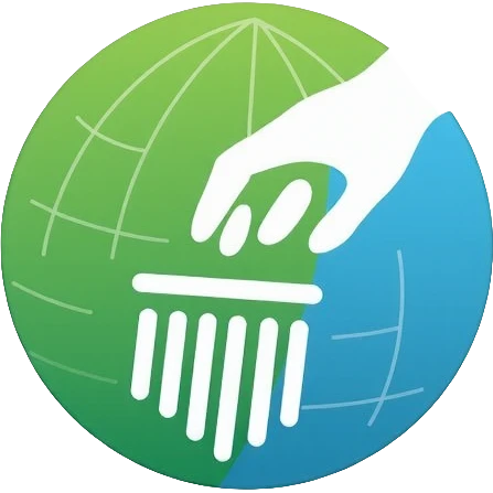 Minimalist circular logo with a barcode transitioning into a globe, representing ethical consumerism and sustainable supply chain. Green and blue gradient colors, modern and professional design. emoji