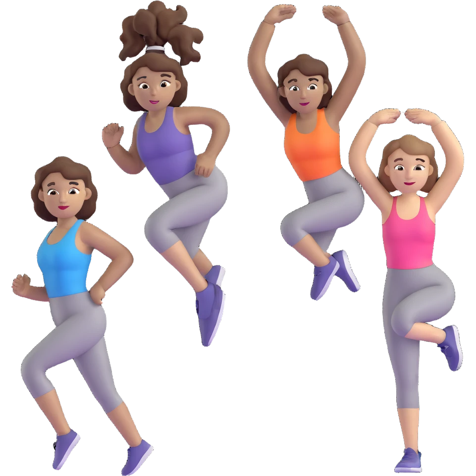 three women friends exercising together, one black woman with curly brown hair, one pale white woman with curly brown hair, and one white woman with straight brown hair in a ponytail emoji