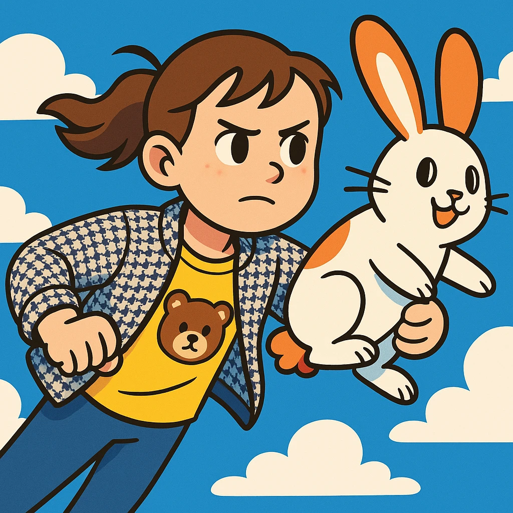 Create an illustration of the person flying in the sky with a white and orange bunny, in a whimsical, vibrant cartoon style. The background should be a bright sky with clouds, and the bunny should look playful and friendly. emoji