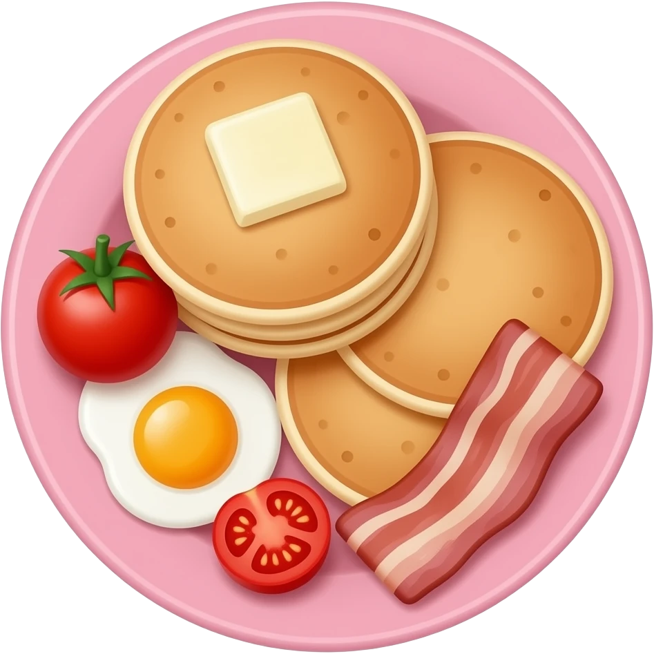 ultrarealistic - pink plate - pancakes, egg on side, baby tomato, bacon - breakfast plate fill emoji