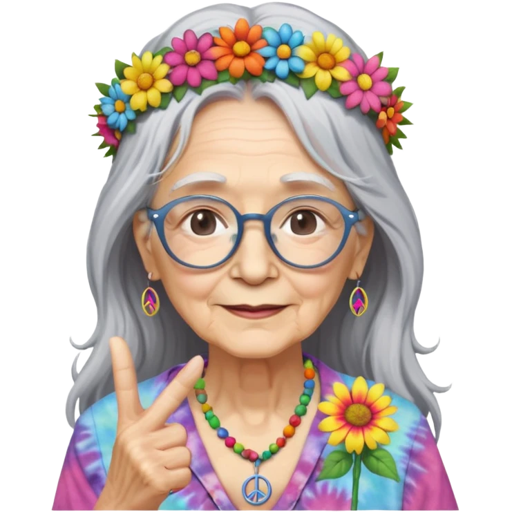 elderly woman with long grey hair, glasses, peace sign necklace, tie-dye clothing, flower crown emoji