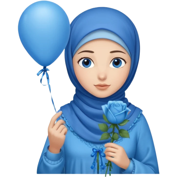 Turkish beautiful finish Konya girl blue eyes with blue hijab islamic dress and had on her hand blue Rose baloons  emoji