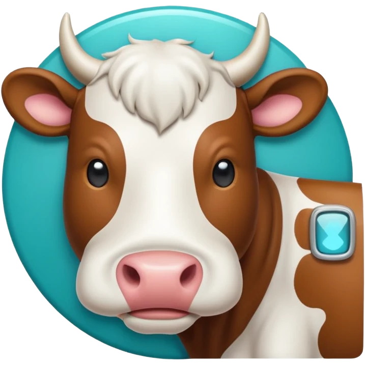 Emoji-style icon of a cow and buffalo with a scan frame or AI detection overlay, representing breed identification. Clean, friendly, rounded design, easy to recognize at small sizes, teal and white accents, no text, transparent background. emoji