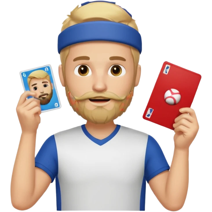 Blonde haired man with a beard holding up a sports card he loves emoji