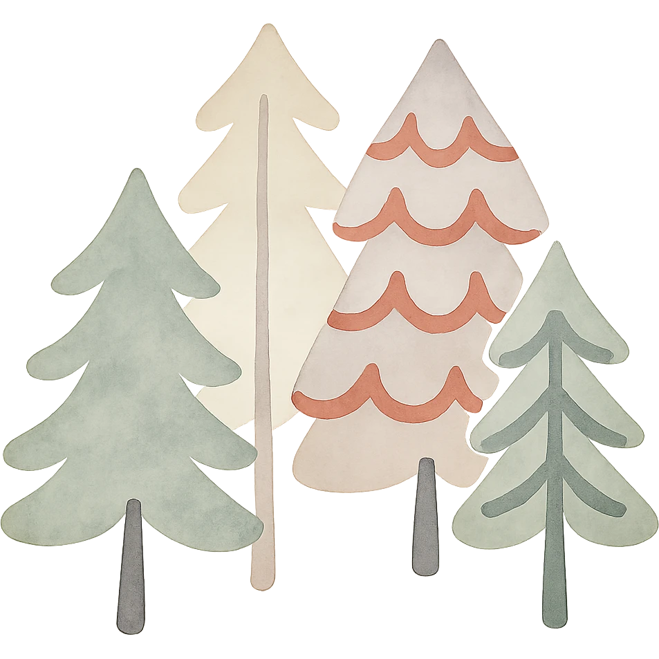 logo style illustration of evergreen trees in Slavic folk art style, neutral color tones, watercolor texture emoji