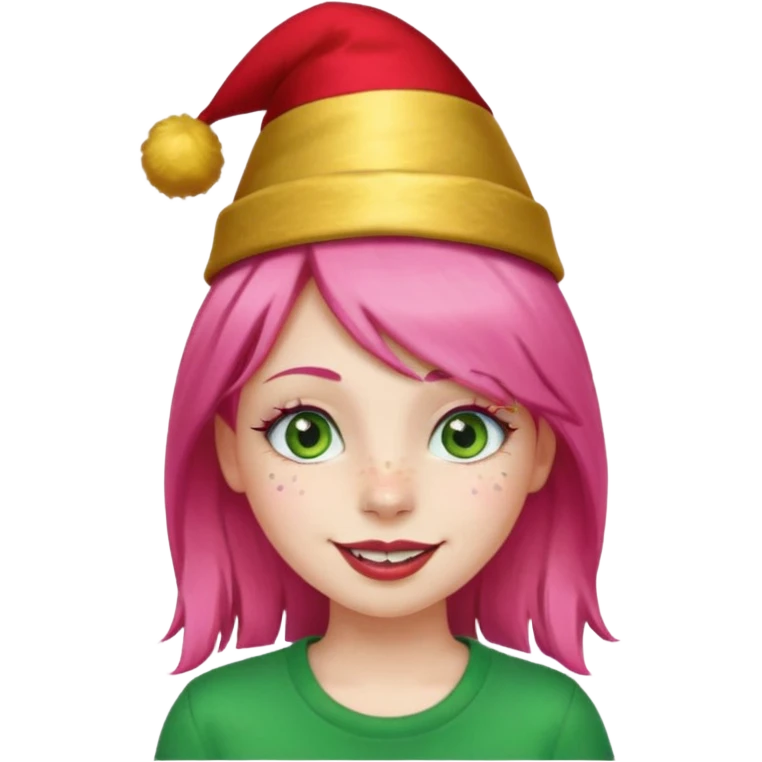 Create a girl with pink hair and green eyes with long eyelashes and a smiley face. She has freckles in her face and a lit of bit of lipstick on her mouth, she’s also got gold birthday hat on her head with gold pom poms on top of it, and her T-shirt is red emoji