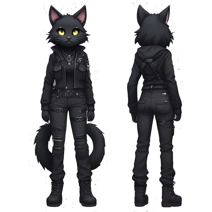Gorgeous furry gothic dark techwear anime style anthro black cat furry sona Fakemon with blushing face aesthetic and pretty edgy black with collar and harness trending style chains cargo pants tomboy emoji