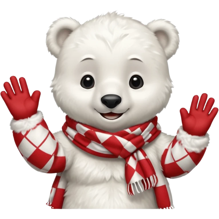 baby Polar Bear, smiling, hi five, wearing red Checkered Triangle scarf emoji