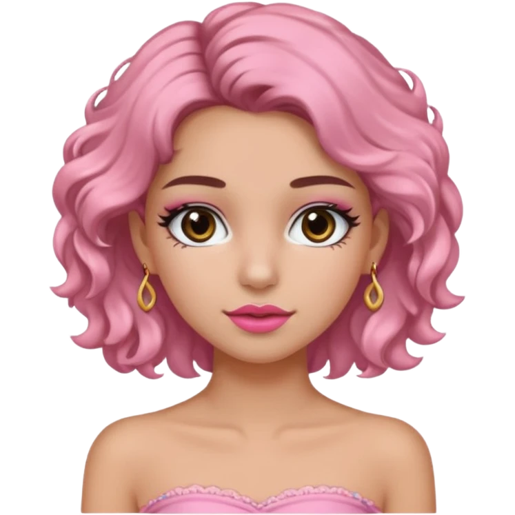 crée moi une jeune fille très belle avec les cheveux bouclés long brune avec un top  sans manche ni brettelles juste un 'bandeau' de couleur rose clair avec un peu de maquillage et des beaux et long  cils un collier en or emoji