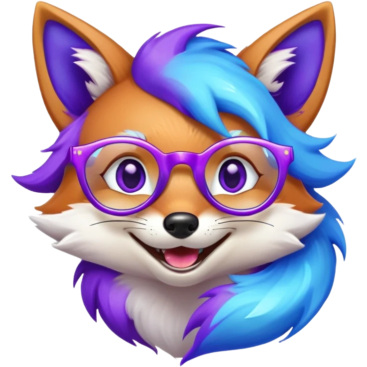 A magical fox with shimmering purple and blue fur, a glowing tail, a silver star on its forehead, and round glasses, laughing so hard that tears are streaming from its eyes emoji