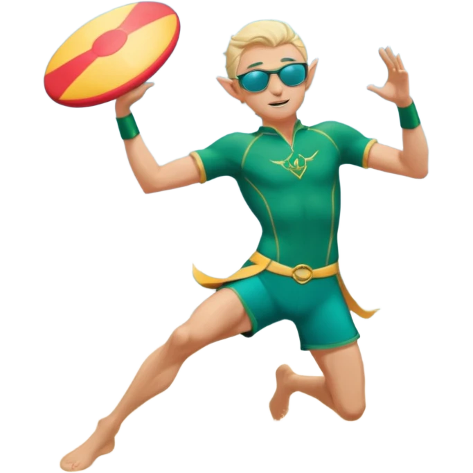 elf male legolas mid-action throw, launching a frisbee woven from pure sunlight, wearing sporty teal swim shorts and performance sunglasses, athletic pose, pointy ears, dynamic motion lines, beach sky backdrop, centered emoji emoji