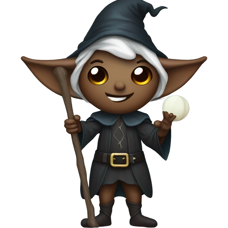 Elf dark sorcerer with a crescent moon hat, holding a bat, Halloween theme, emoji emoji