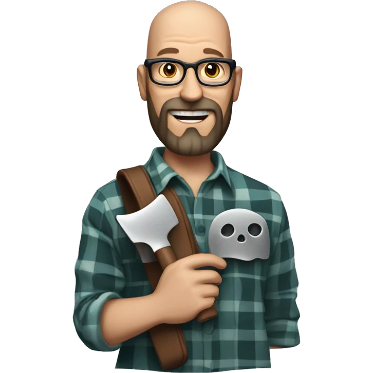 bald man of 40 years old with glasses and a beard, wearing a plaid shirt, holding a movie clapper, a silver skull ring on his hand. emoji