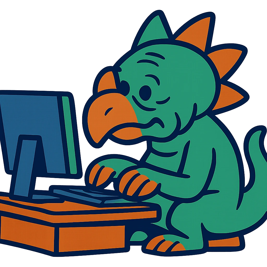 cartoonish old dinosaur typing on a computer emoji