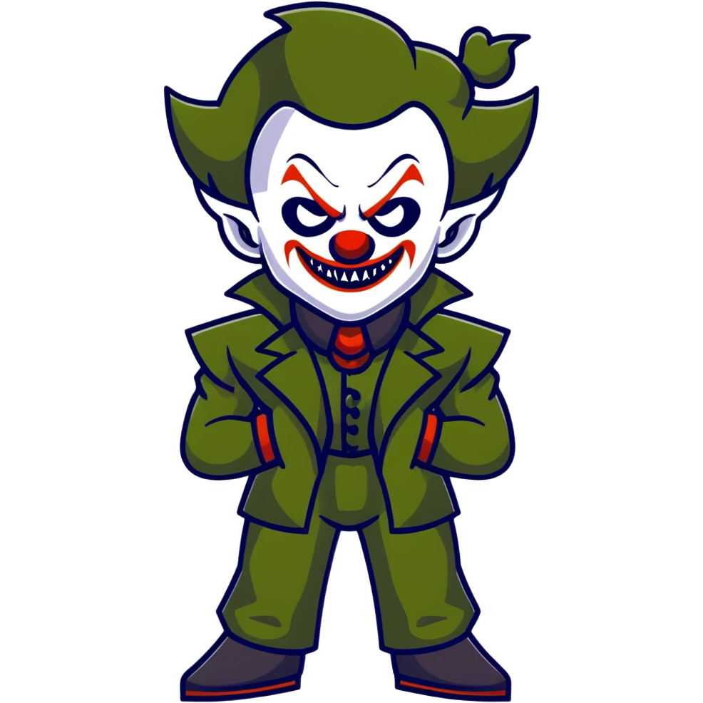 evil clown warrior, bald, small black horns on forehead, fangs, pointed ears, eye patch over one eye, long coat over black and military green leisure suit with bellbottom pants, realistically proportioned, less bulky, full body visible, battle-ready fighting posture emoji