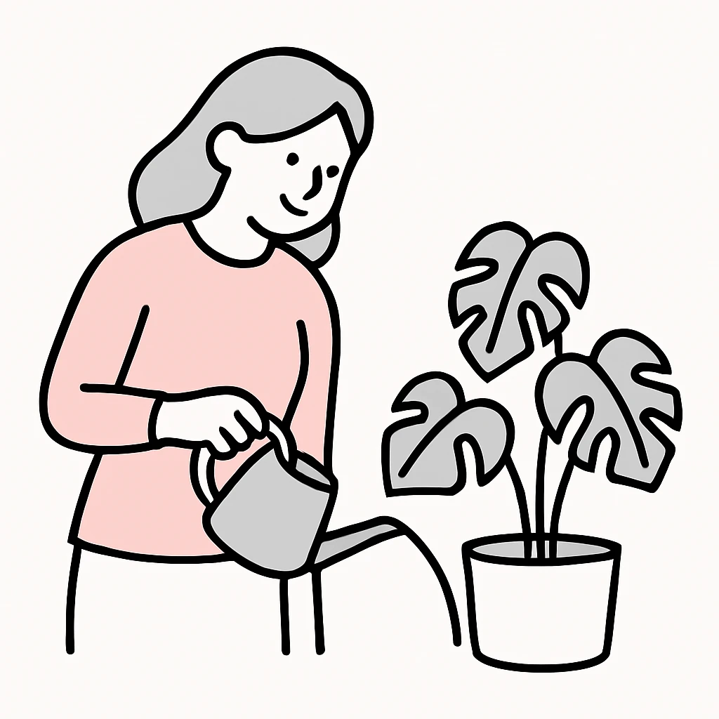 woman watering her monstera plant emoji