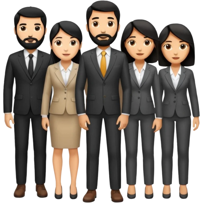 4 people, one man with beard, one man and two women,yellow skin office style,black hair,  emoji