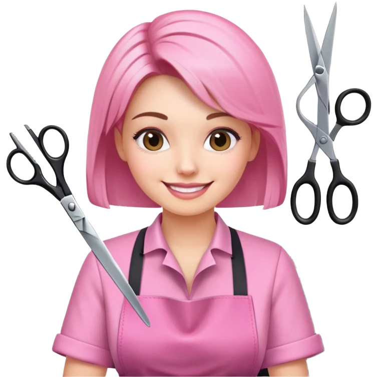 smiling woman client in pink apron sitting in salon chair, female hairstylist smiling behind with scissors emoji