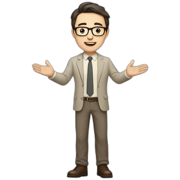 Full height Actively gesturing with hands Pale skinned fit man with dark brown hair in gray jacket, beige office shirt, brown tie, brown pants and vintage glasses. emoji