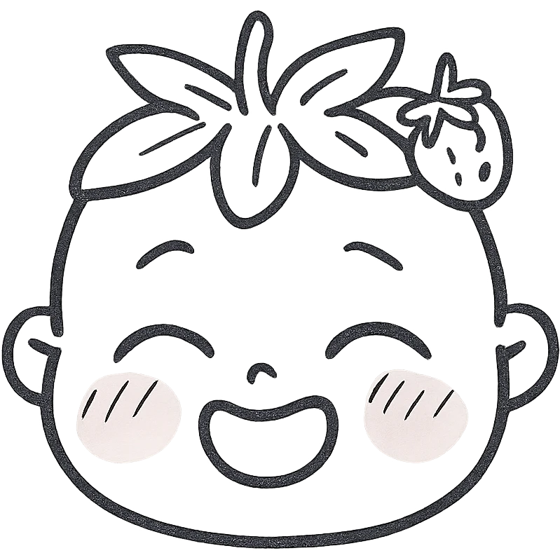 kawaii baby face with soft pink skin, strawberry leaves and tiny strawberry on head, chibi hand-painted style, only head, rich facial expressions emoji