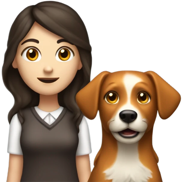 White girl with long wavier dark brown hair with her fox looking dog holding a menorah  emoji
