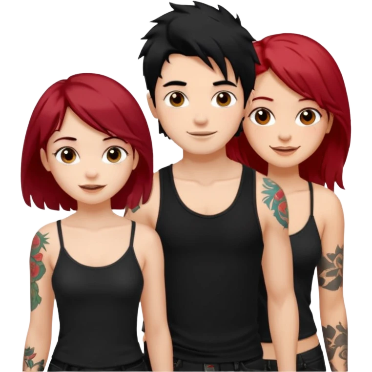 generate a fair boy with messy black hair, tattoos. standing beside a fair black haired girl wearing a black cami top and a tan girl with red hair emoji