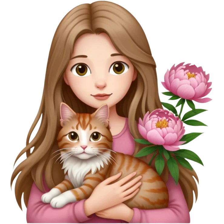 A long haired girl holding a long haired tabby in peony emoji