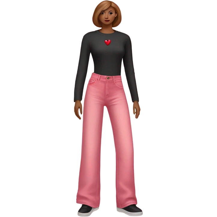 Realistic long Wide leg high waisted pink jeans with small red heart print, isolated emoji