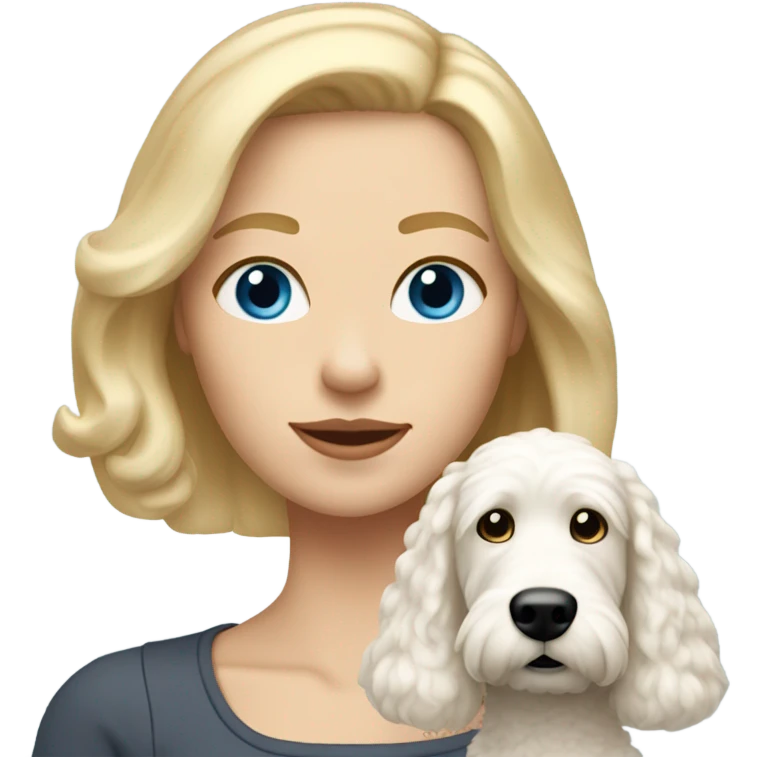 White lady with shoulder length blonde straight hair and blue eyes and her white golden doodle dog emoji