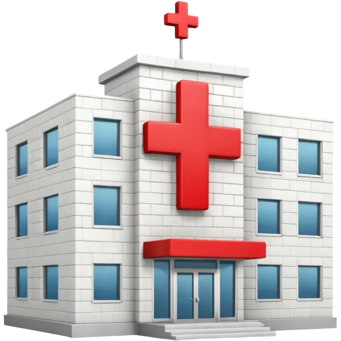 A hospital building with a large red +. In PNG format. emoji