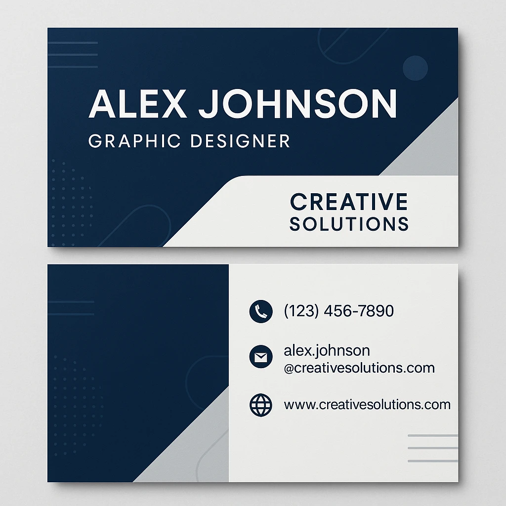 A modern and professional business card for Alex Johnson, Graphic Designer at Creative Solutions. The card should include the name, job title, company name, phone number (123) 456-7890, email alex.johnson@creativesolutions.com, and website www.creativesolutions.com. Use a clean, modern design with a professional color scheme. The card should have a creative and unique design. emoji