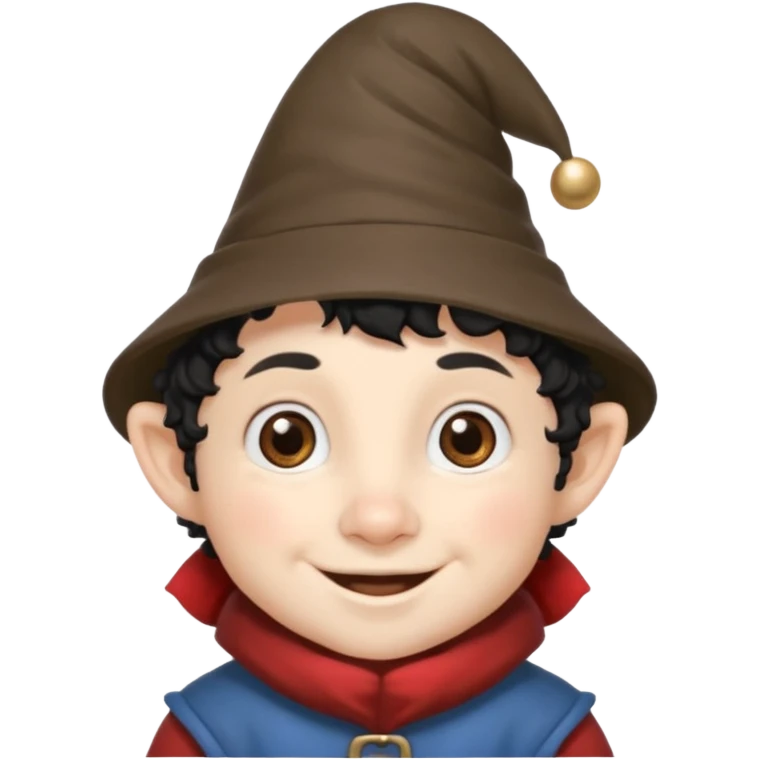 Gnomo con capelli ricci corti neri  occhi marroni e cappello a punta emoji
