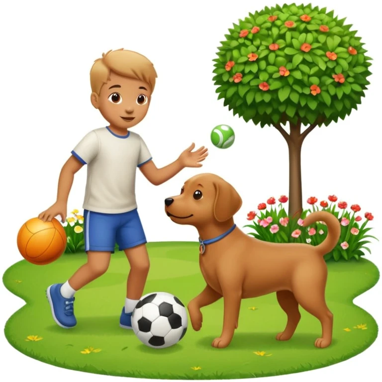 kid and dog playing with ball, garden background emoji