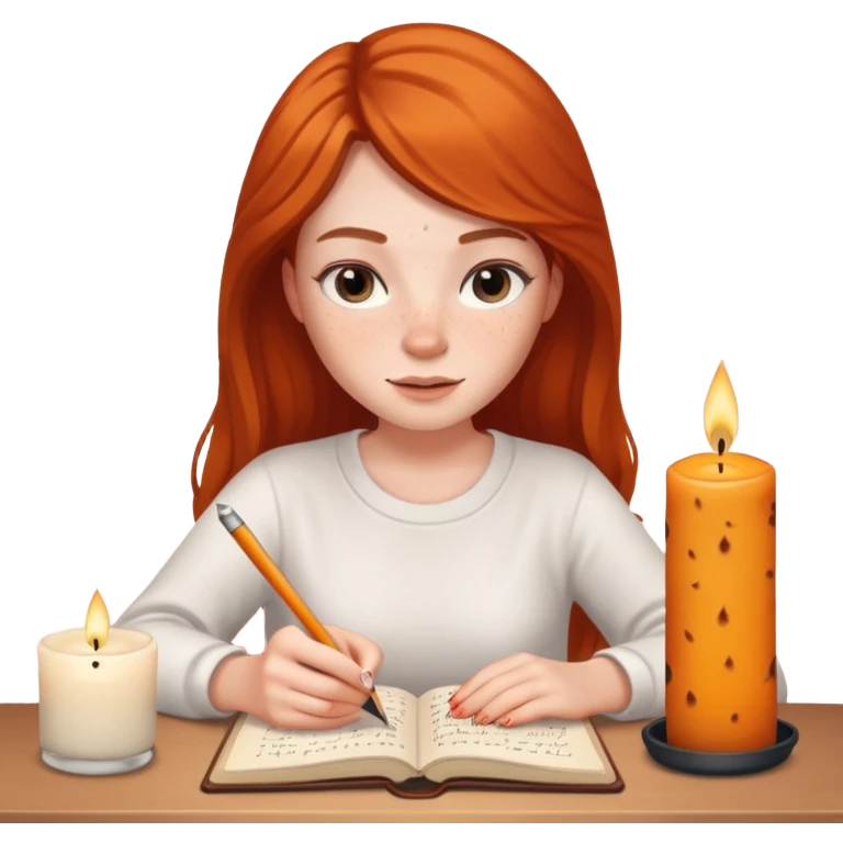 pretty young woman with white skin writing in a journal, lit scented candle next to her, iPhone memoji style emoji