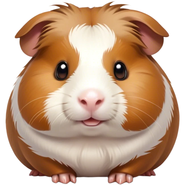Cinematic Cute Brown and White Banded Guinea Pig Portrait Emoji, Head tilted playfully and inquisitively, showcasing a fluffy fur with playful brown and white banded patterns, round, sparkling dark eyes filled with curiosity, Simplified yet irresistibly adorable features, highly detailed, glowing with a warm, friendly glow, high shine, affectionate and spirited, stylized with a touch of whimsy, bright and endearing, soft glowing outline, capturing the essence of a mischievous yet loving guinea pig, so playful it feels like it could dash out of the screen and into your arms! emoji