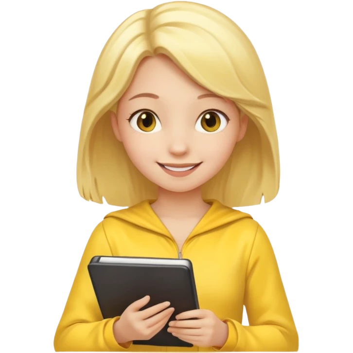 Девушка со светлыми волосами весёлая красивом костюме жёлтом сидит и планирует свое будущее  emoji