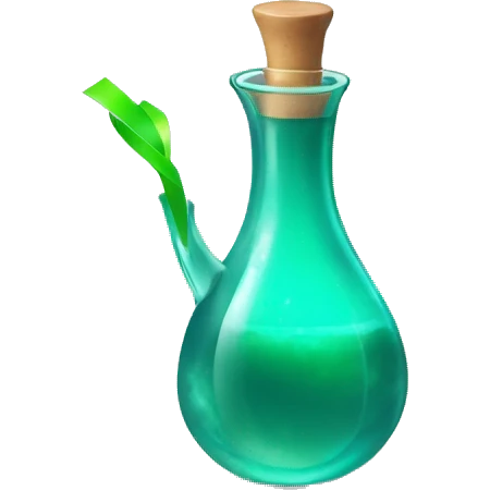 Teal and green magic potion tilted diagonally with white label blank for ribbon  emoji