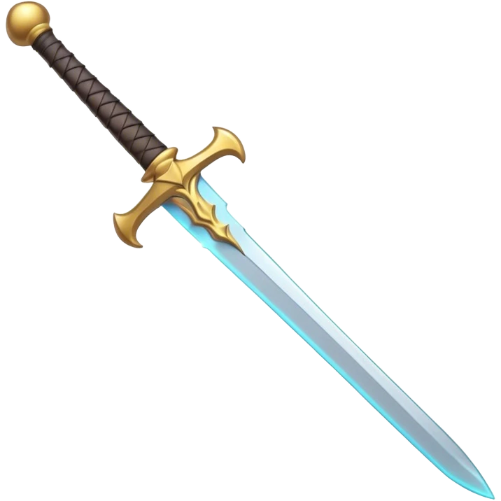 Clash of Clans aesthetic: Cinematic Playful 3D Isometric Sword Emoji, rendered in a 3D vector-style similar to standard emojis with minimal shading and bold, simplified shapes. A compact, distinct form with signature details, softly glowing with a fantasy RPG magic charm. Simplified yet unmistakably iconic, highly detailed and consistent, glowing with a soft radiance and high shine. Stylized with a touch of heroic grandeur and a soft glowing outline, capturing the essence of a beloved gaming relic with a friendly, playful manner! emoji