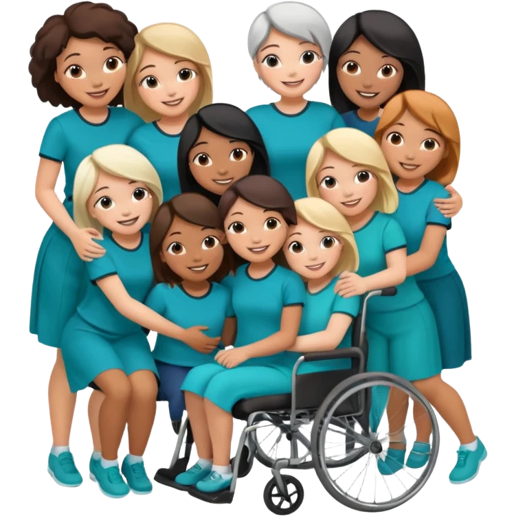 Teal group hug of 8 women with one in wheelchair emoji