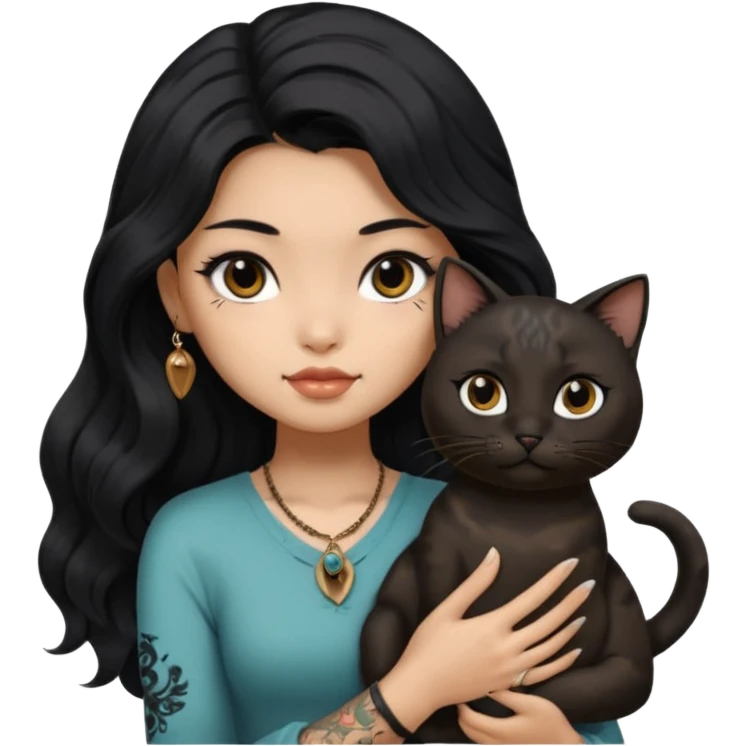 a Chinese girl with long black  Big Wave hair  Black eyes  and bronze skin tone and tattoos and a black round faced cat  emoji