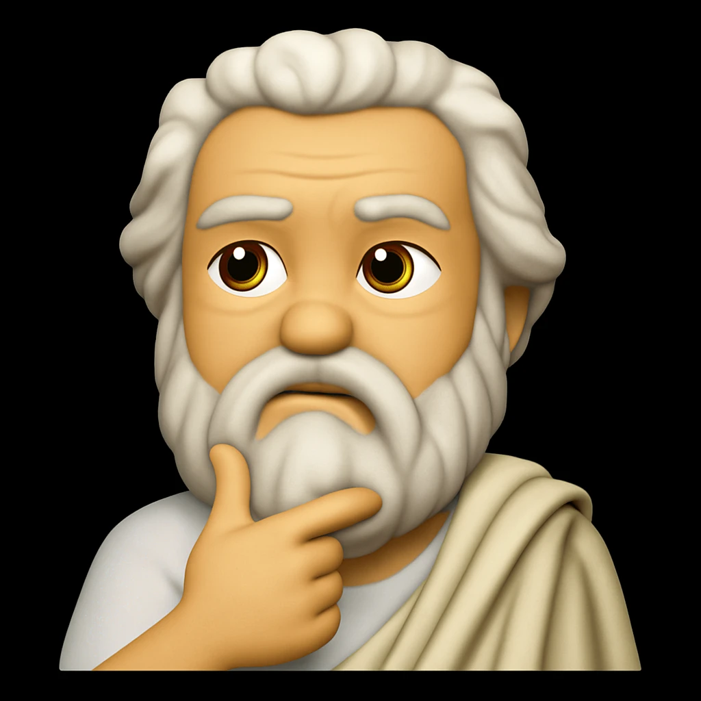 Edit the image of Socrates to show him deep in thought with a hand on his chin instead of a thumbs up, maintaining the same emoji style and a thoughtful expression. emoji