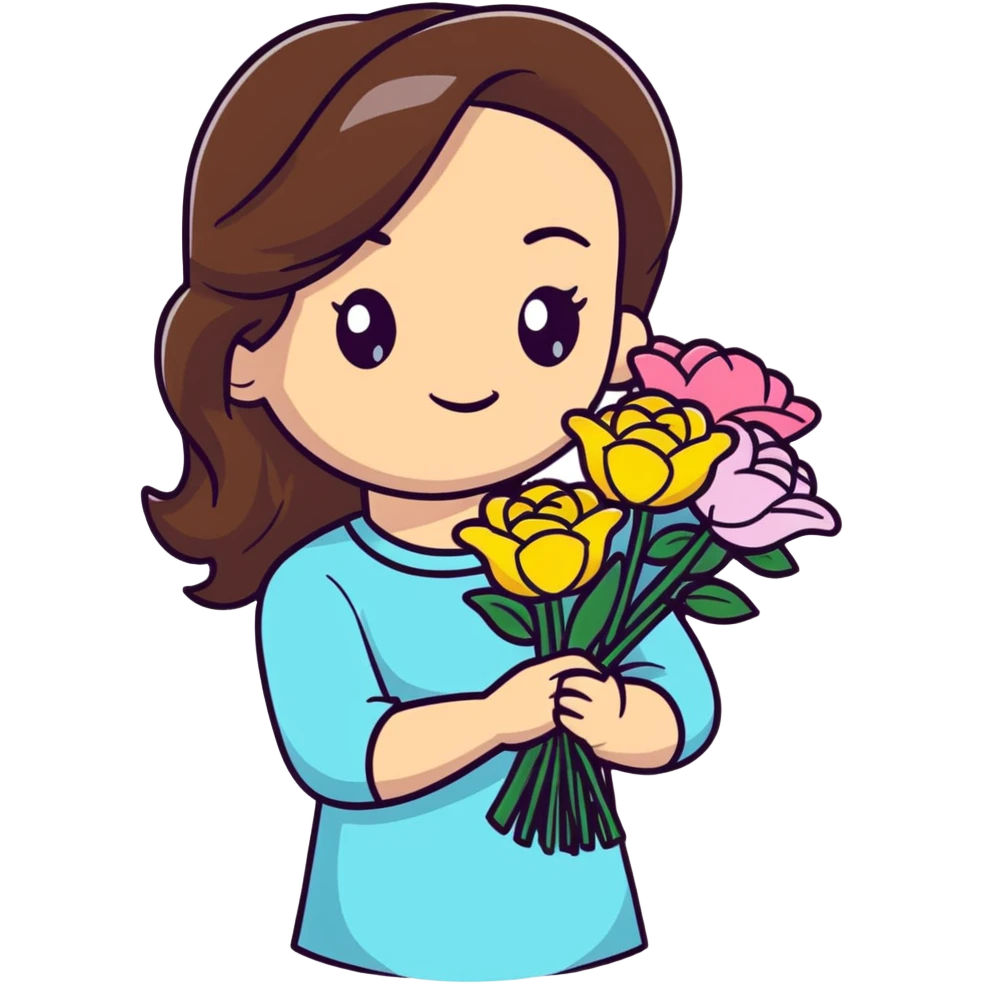 cool girl with long brown hair and fair skin tilting her head to the side while holding a bouquet of flowers emoji