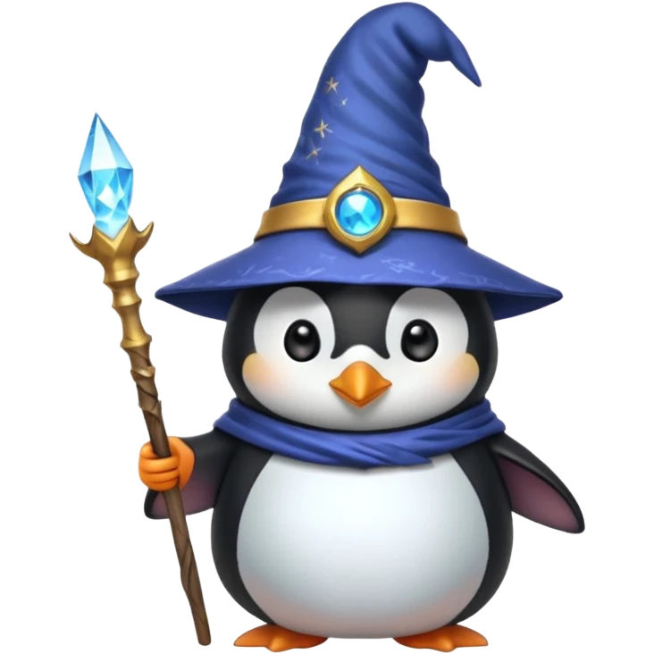 cute penguin wizard with a pointy hat and a magic staff, magical aura emoji