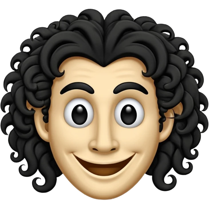 generate theatre wooden mask emoji with a big curly black hair 

wide black coloured smile, long and pointy white nose with no nostrils, pitch black eyes emoji